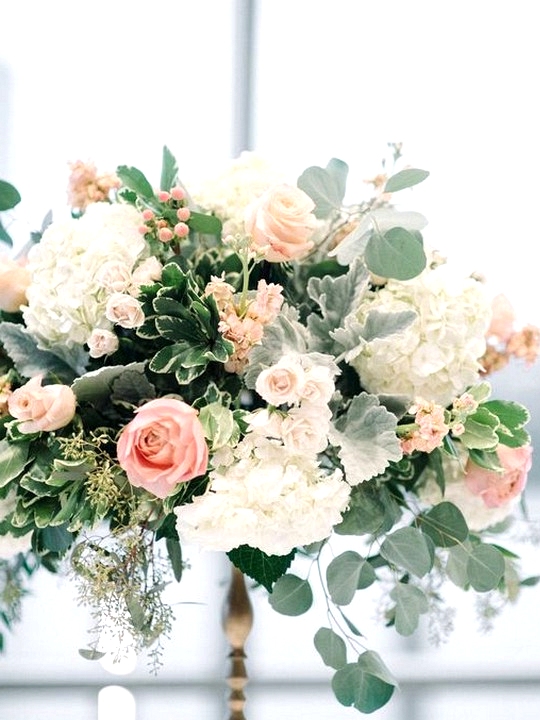 Pink roses and white hydrangeas wedding centerpiece ideas
