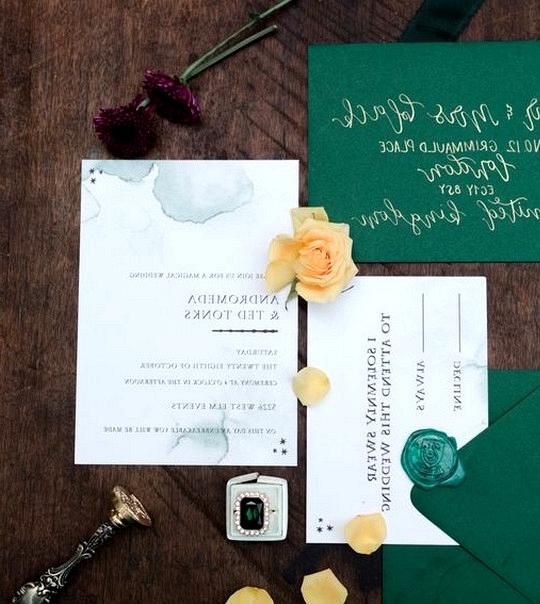 Emerald green harry potter themed wedding invitations
