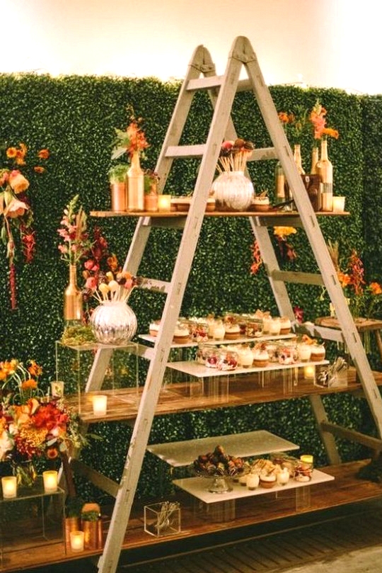 rustic wedding dessert display ideas with vintage ladder
