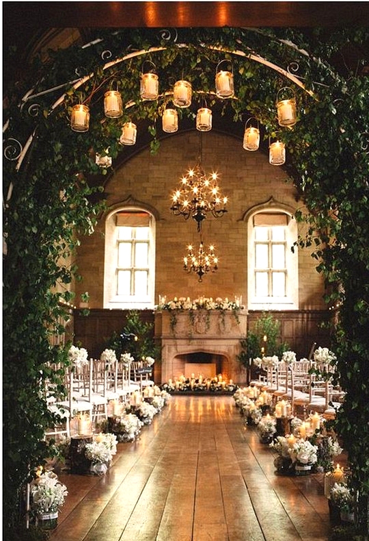 vintage wedding ceremony ideas with greenery and candles