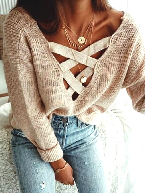 laced-up-v-neck-high-low-sweater-beige