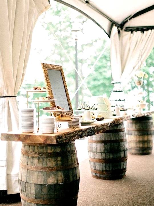 tented country wedding dessert bar ideas with wine barrels