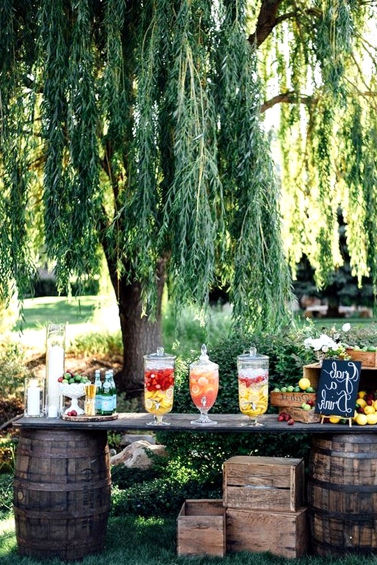 country wedding drink bar with wine barrels