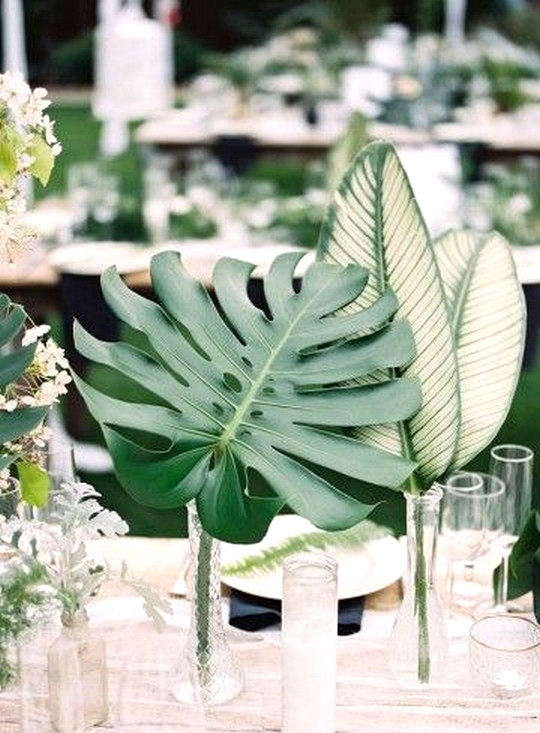 white and tropical greenery wedding centerpiece ideas