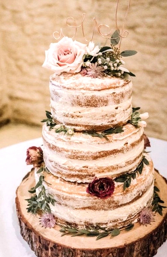 rustic semi naked floral wedding cake