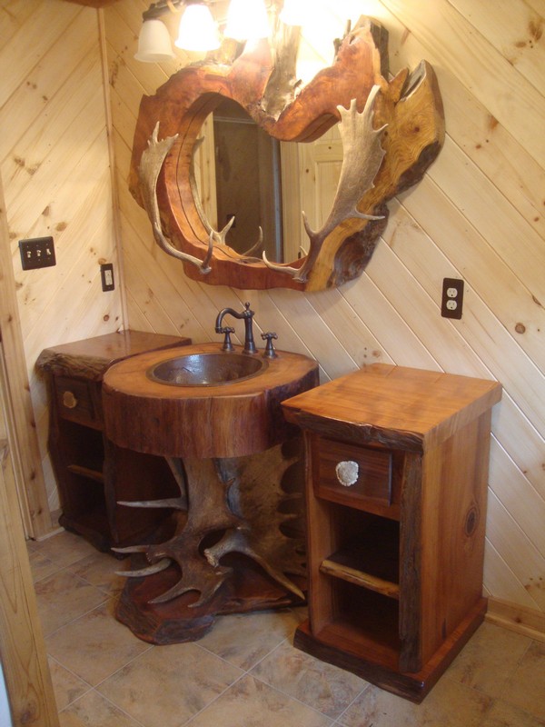 Rustic bathroom with decorative vanity and organizer