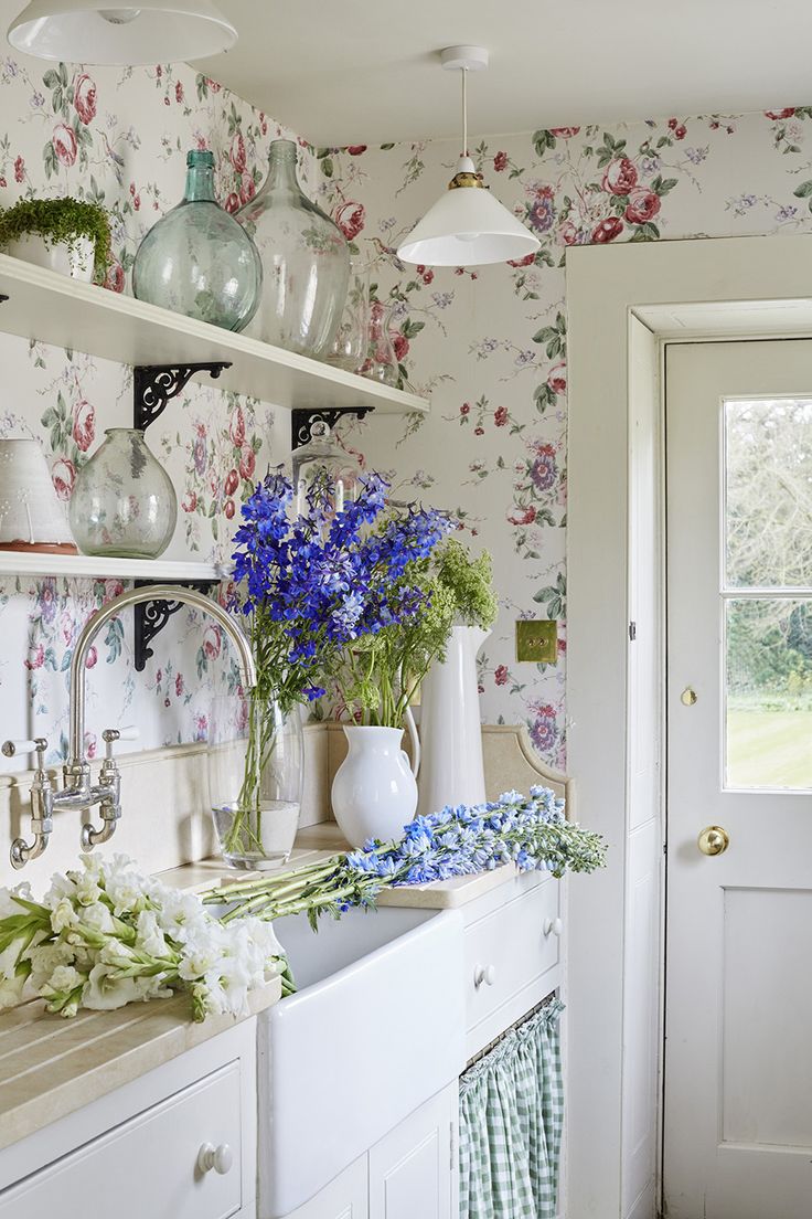 Flowered Wallpaper Kitchen Backsplash