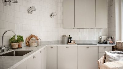 Minimal but cozy beige kitchen