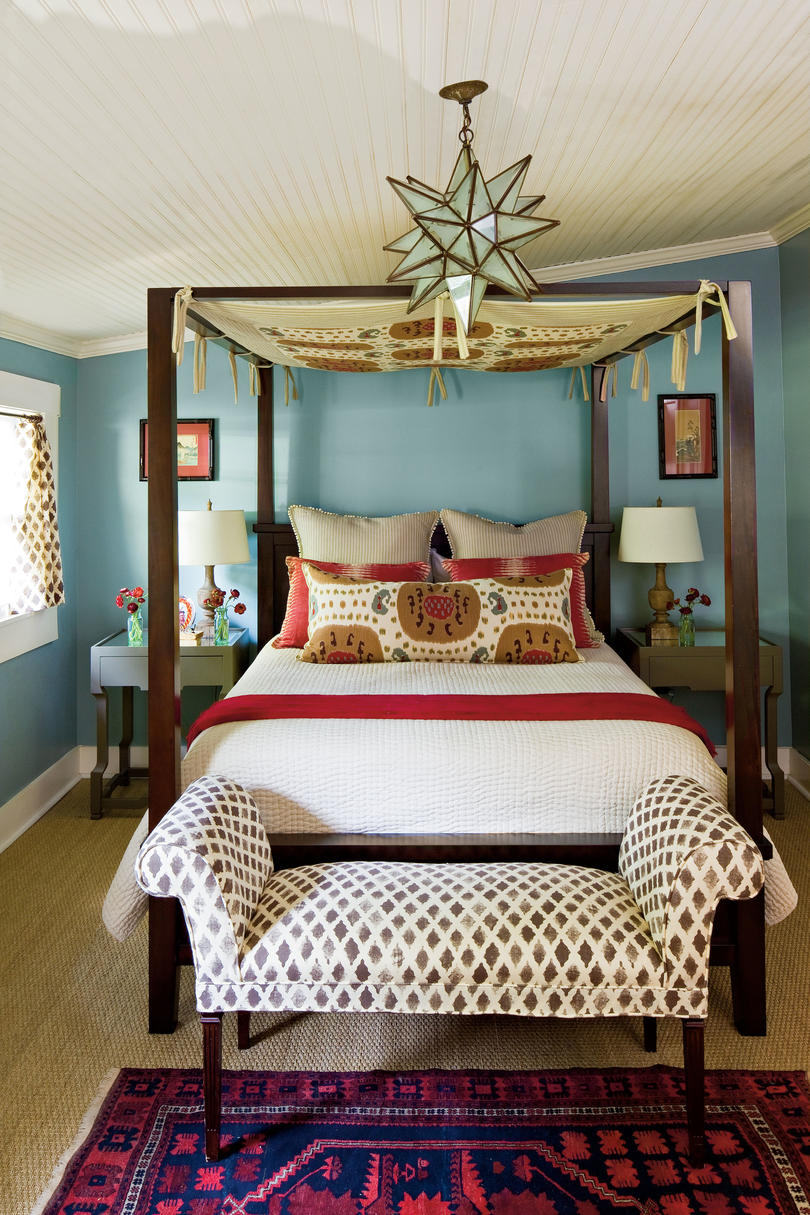 Blue bedroom in bohemian style