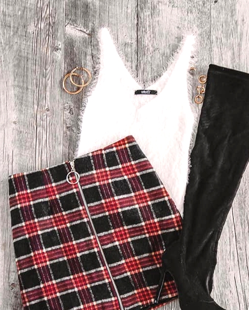 long-suede-boots-plaid-red-skirt-luxe-top-outfit-idea
