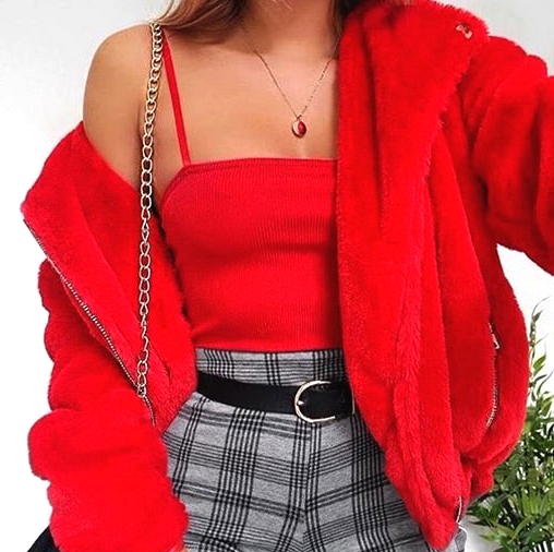 red-puffy-coat-red-top-plaid-pants-valentines-day-outfits-min