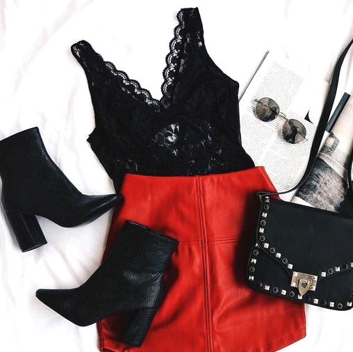 lace-black-top-red-leather-skirt-outfit-idea-valentines-day-min