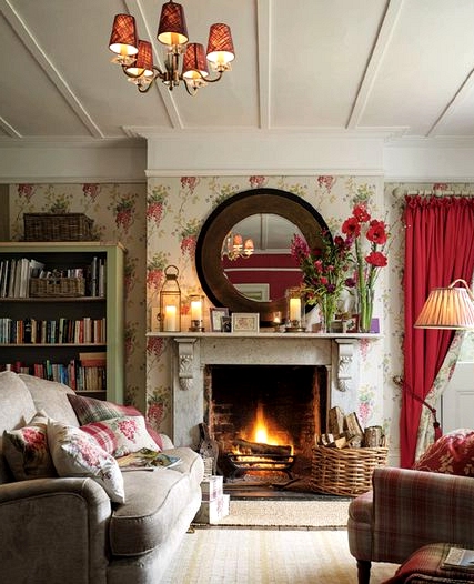 small country colourful living room with fireplace decorating idea