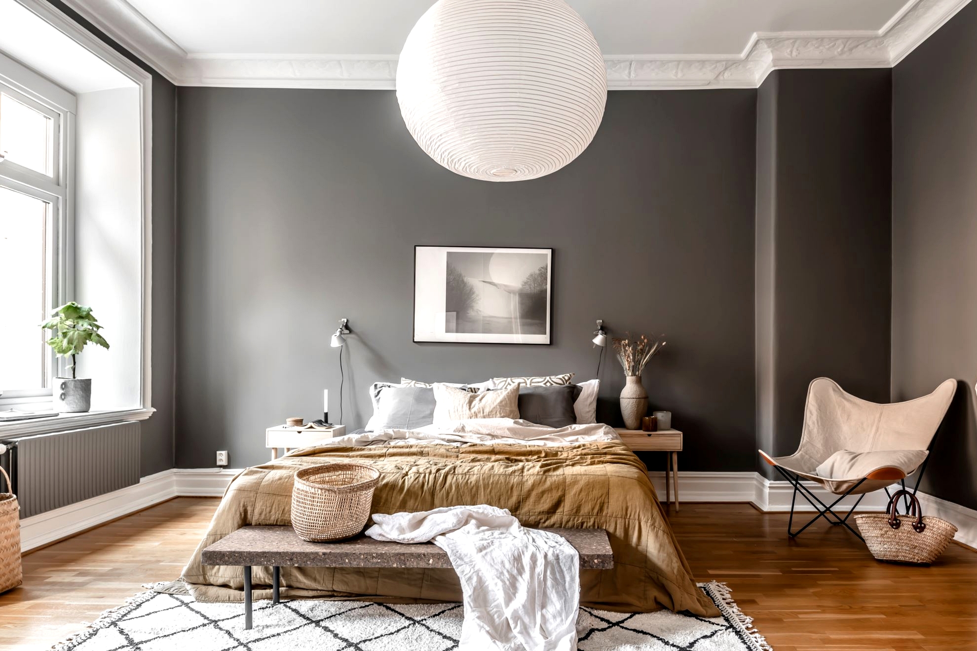 Dark grey bedroom with warm accents